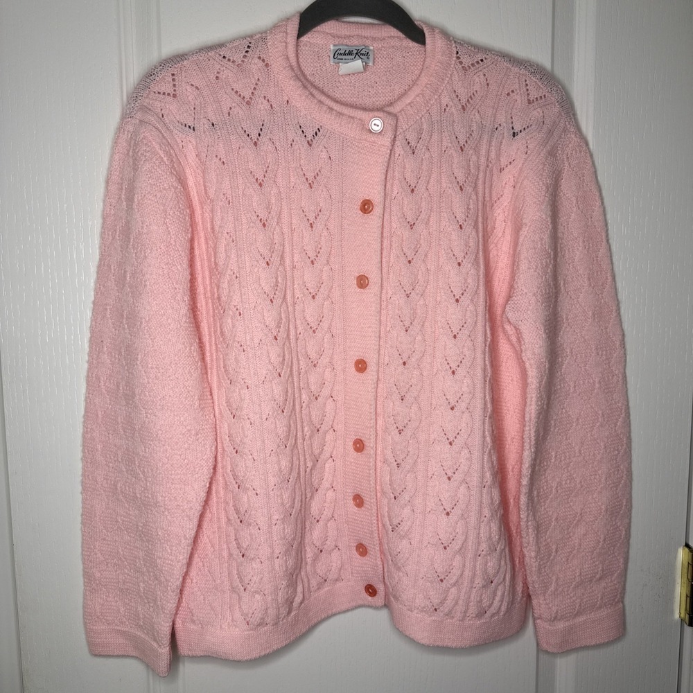Vintage Cuddle Knit Pink Cable Knit Cardigan Made USA Heart Pattern Coquette